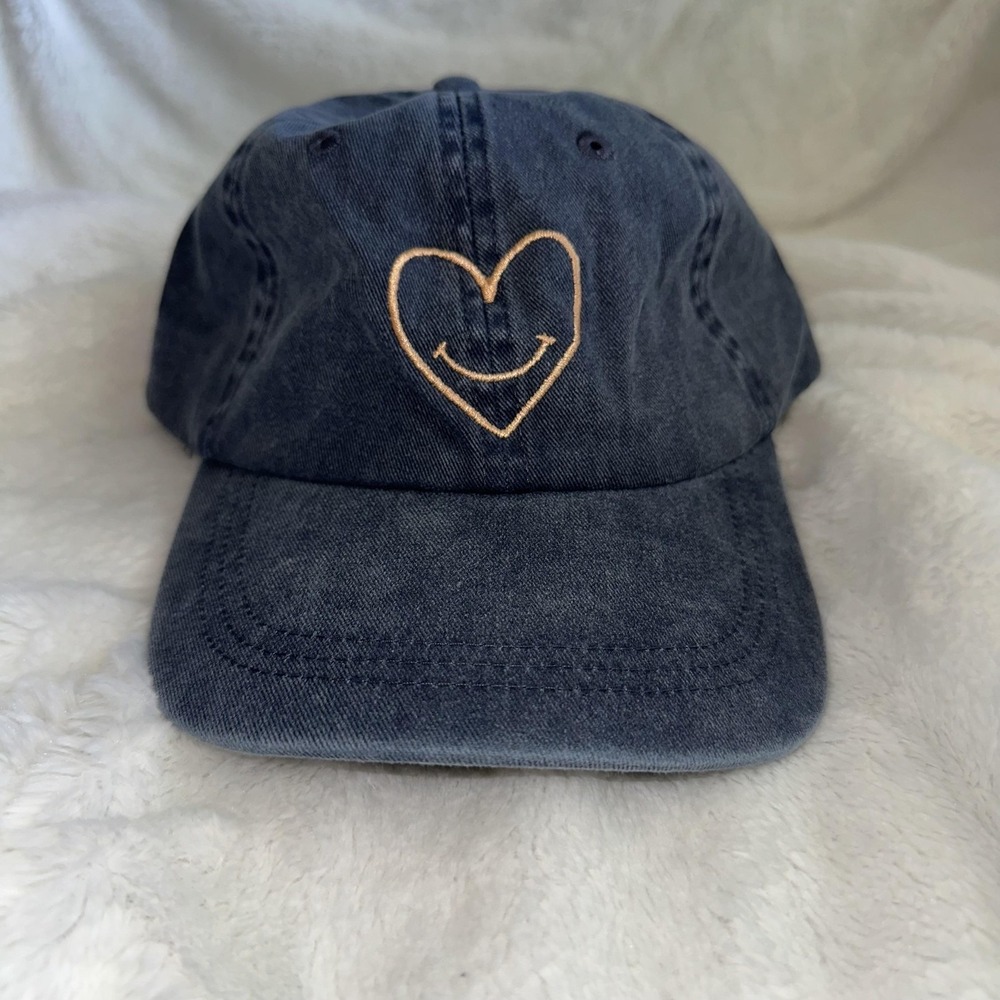 Cinq à Sept Hat Cap Strap Back Blue Denim Embroidered Heart Smile Face Womens